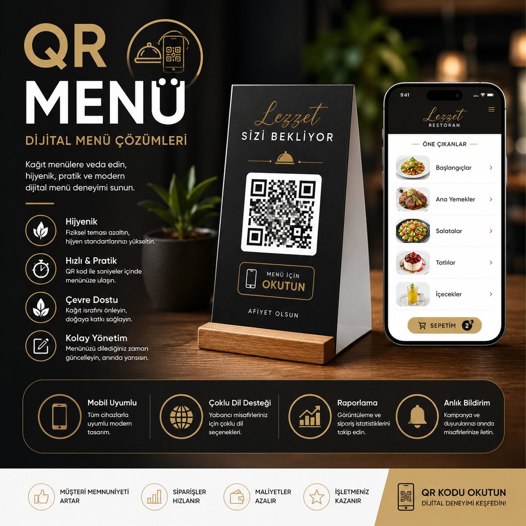 QR Menü Tasarım — restoran masasında QR menü standı ve dijital menü ekranı
